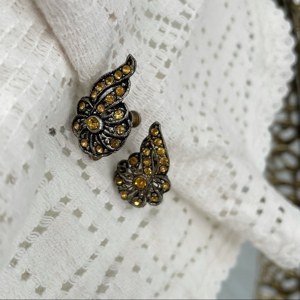 Vintage Bronze & Amber Clip On Earrings